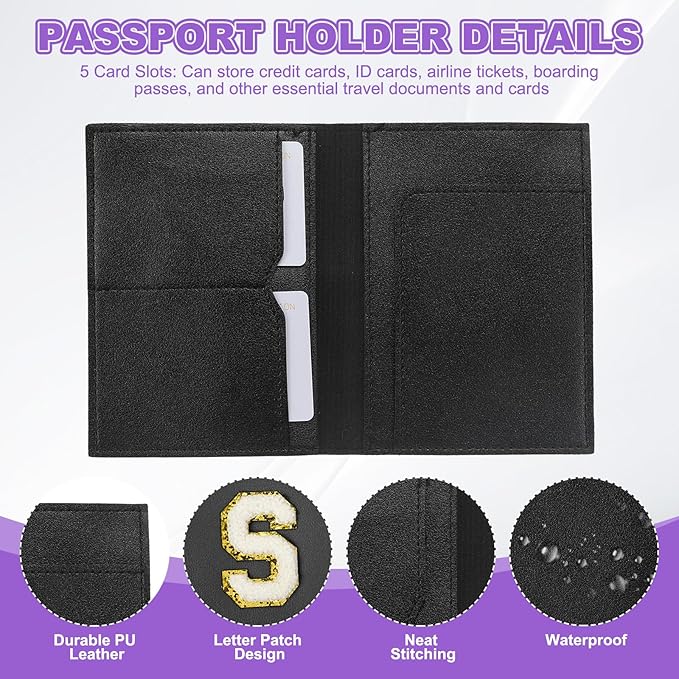 PATIKIL Passport Holder for Travel, Initial Passport Cover and Luggage Tag Set with Alphabet Chenille Letter Patch Travel Wallet Bag Suitcase Identifier for Women Family Travel Black S