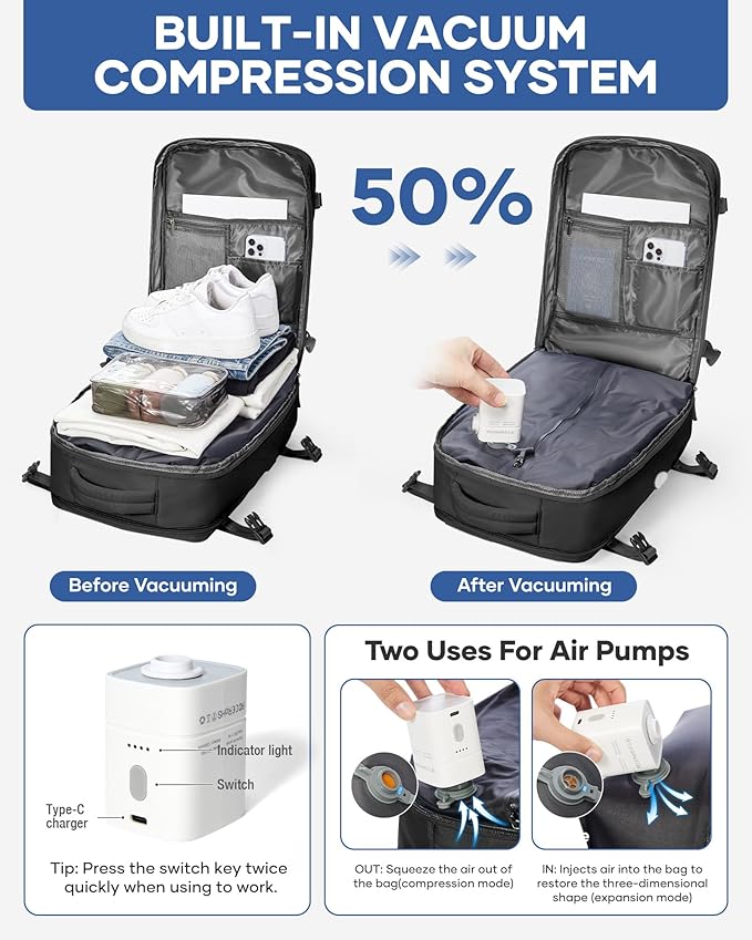 Vacuum Backpack Travel with Pump,Large Travel Backpack with Vacuum System,Mochila compresion al vacio,Flight Approved 18x14x8,Waterproof Carry on Personal Item Laptop Backpacks,Black