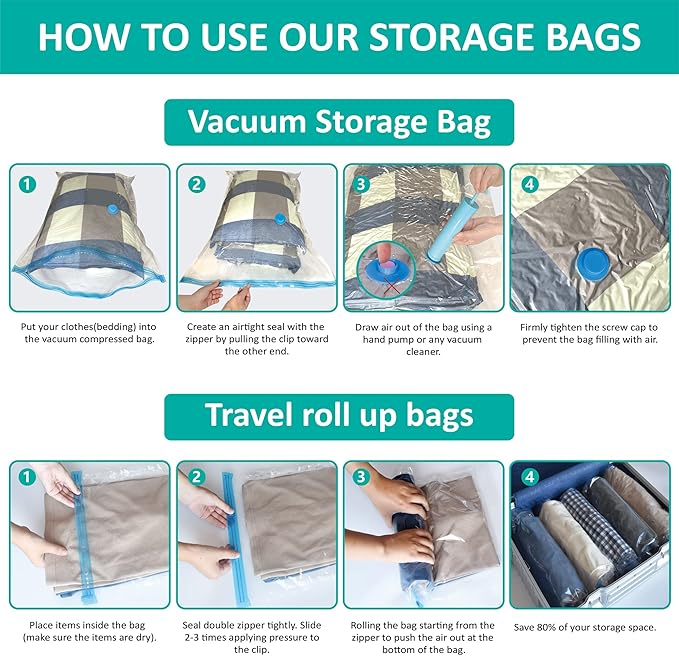 Cozy Essential Vacuum Storage Bags, 80% Compression Vacuum Seal Space Saver Plastic Packaging Bags for Clothes, Blankets, Pillow, Bedding, Comforters, Sealer Clothing Storage,16 Combo