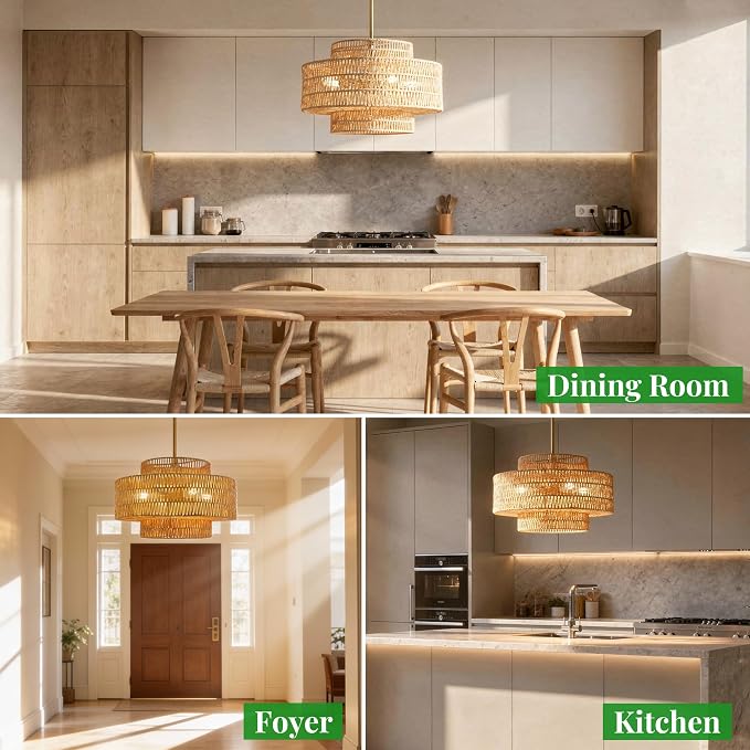20" Large Boho Rattan Chandelier Hand Woven Rattan Pendant | 4-Light Upgraded Farmhouse Hanging Ceiling Light for Dining Room, Kitchen Island, Bedroom, Living Room, Entryway, Foyer