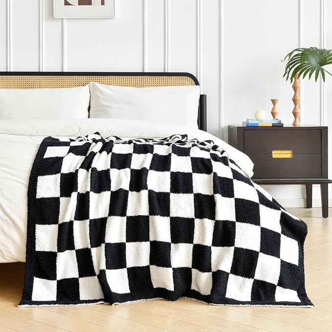 Checkered Blanket, Cozy Soft Throw Blankets for Couch Bed, Fluffy Plaid Lightweight Comfy Travel Picnic Blanket Gifts for Sofa Chair Living Room Camping (Black, Twin 60"x80")