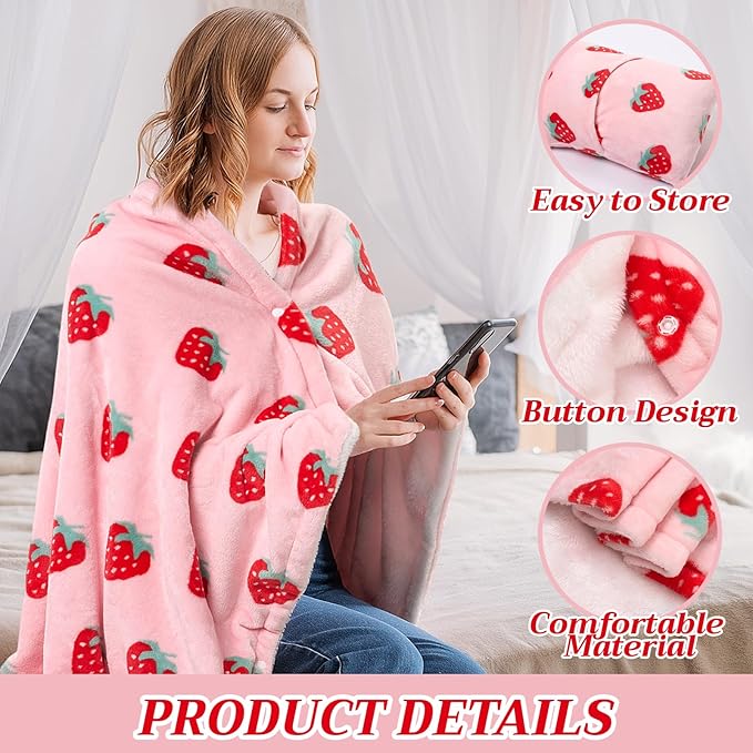 Plush Wearable Blanket Pink Strawberry Fleece Travel Blanket Women Pillow 2 in 1 with Sleeves and Buttons Lap Throw Shawl for Office Sofa Winter Warm Accessories Gifts
