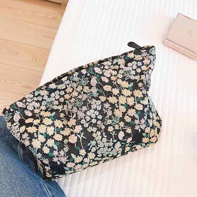 HAPPYHEIDI Women Aesthetic Makeup Bag With Compartment Accessory Zipper Pouch for Cosmetics Travel, Purse Organizer, Embroidery Lucky Flowers Black