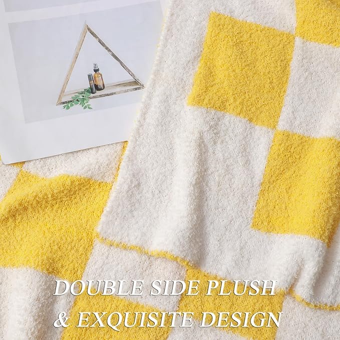bearberry Fuzzy Checkerboard Grid Throw Blanket Soft Cozy Warm Microfiber Bed Blanket Decor for Couch Sofa Bed Travel Home (Yellow, 60''x80'')