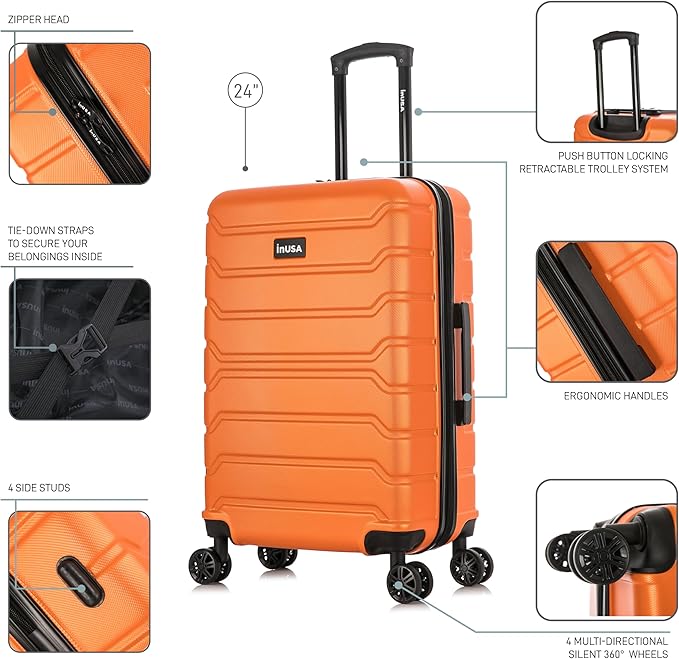 InUSA TREND Luggage with Spinner Wheels | Durable lightweight Hardside Suitcase, Travel bag with Handle and Trolley, 24-Inch Medium Checked luggage | Orange