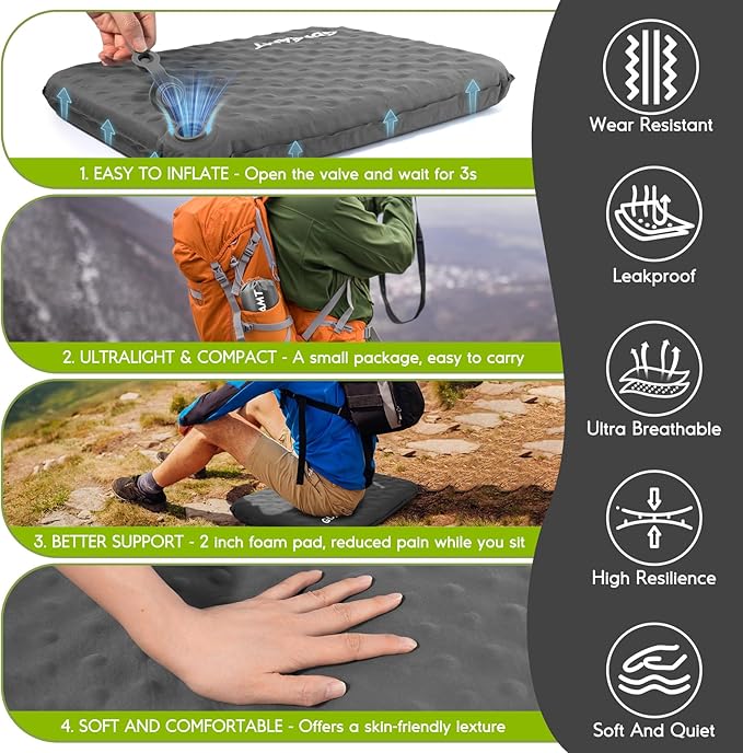 Inflatable Seat Cushion, Self-Inflating Memory Foam Stadium Seats Cushion Lightweight & Compact Chair Sitting Pad Airplane Cushion for Long Flight Travel Outdoor Camping Car Bleachers Office