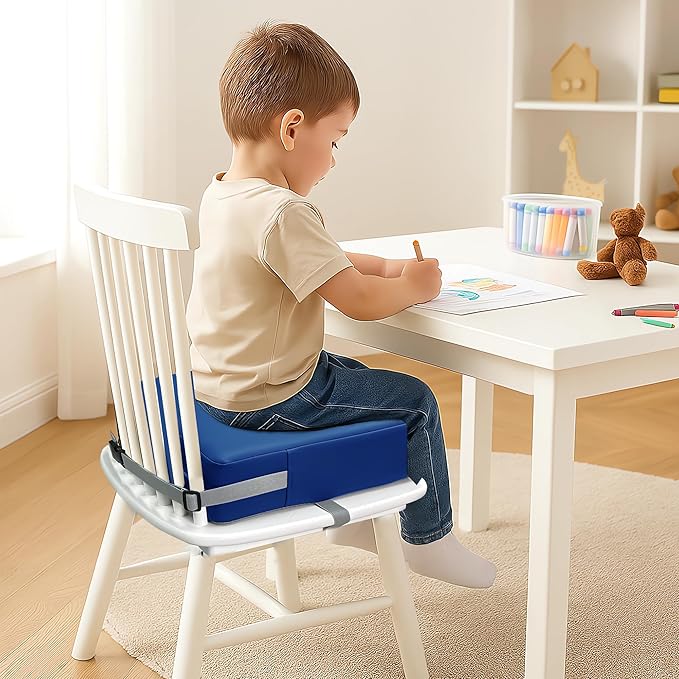 Toddler Booster Seat Dining Table Kitchen Chair, Waterproof Anti-Scratch PU Cushion, Non-Slip Bottom, Adjustable Buckle Straps, Easy Clean Portable Seat Cushion (Dark Blue)
