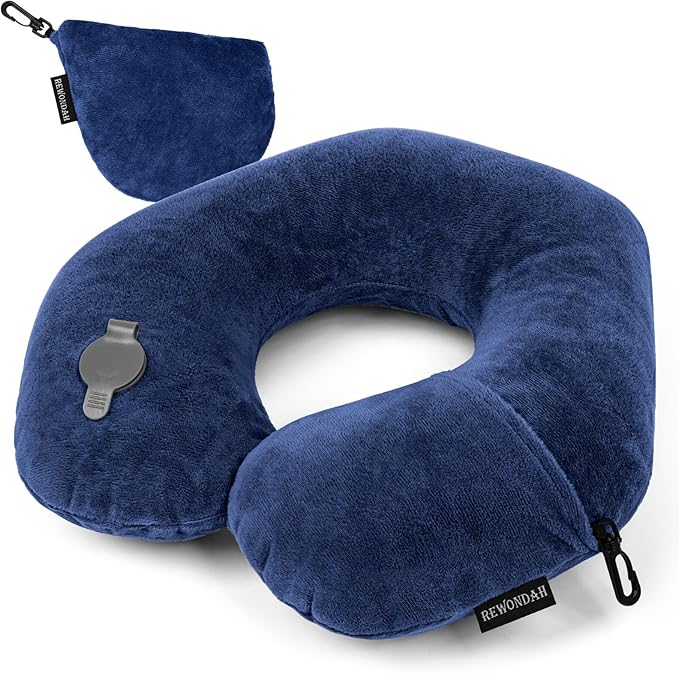 Rewondah Neck Pillows for Travel, Inflatable Travel Pillow, Inflatable Neck Pillow for Traveling Airplane with Soft Velour Washable Cover, U Shape Blow Up Neck Pillow for Airplanes Train Car Travel