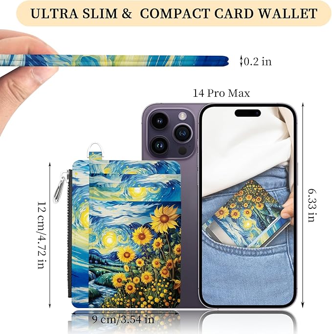 Hancynir Slim Wallet Women Credit Card Holder Sunflowers RFID Small Mini Card Case Front Pocket PU Leather Thin Travel Zipper Coin Cash ID Window Ladies Female Wallet Gifts