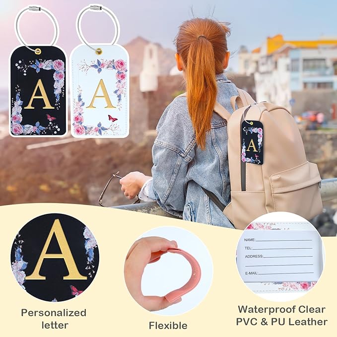 3 Pack Luxury Floral Luggage Tags, Durable PU Leather Suitcase Tags with Stainless Steel Cable Strap, Hidden ID Slot for Privacy Protection, Easy to Identify Waterproof Travel Accessories Gift (A)