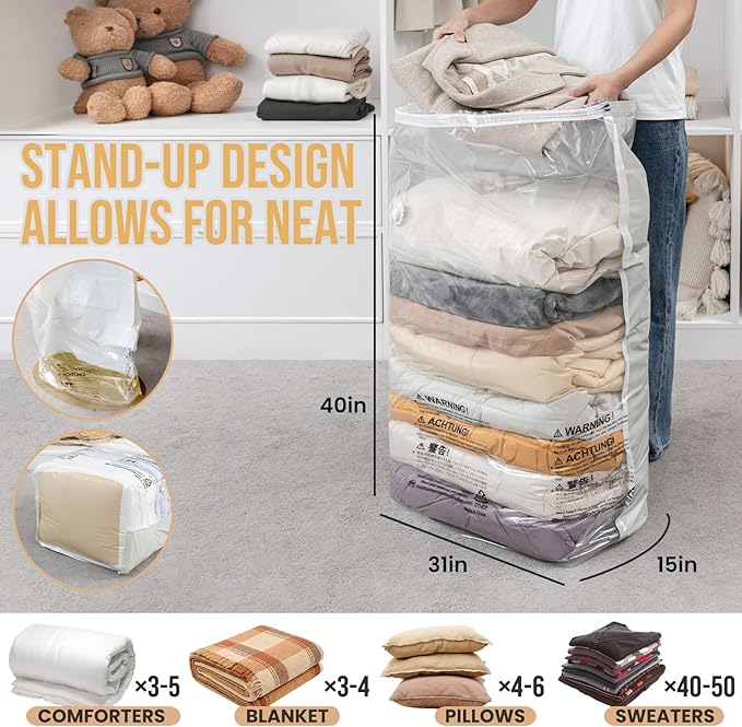 TAILI 8 Pack Vacuum Storage Bags Space Saver, Jumbo Cube 31x40x15 Inch, Extra Large Vacuum Sealed Bags for Comforters Blankets, Bedding, Clothes, Duvets, Closet Organization