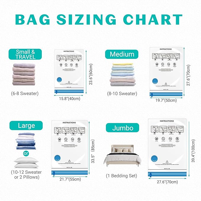 15 Pack Vacuum Seal Bags for Clothing &Travel, Space Saver Vacuum Storage Bags for Blankets,Luggage,Clothes,Comforter, Hand Pump Included (3 Jumbo,3 Large,3 Medium,3 Small,3 Roll）