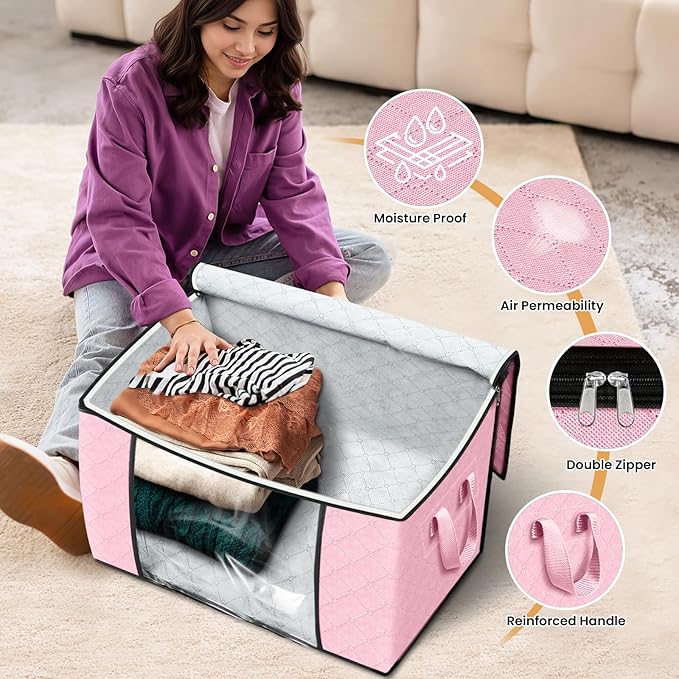 Fab totes 24 Gallons Clothes Storage, Foldable Thick Fabric Blanket Storage Bags, Containers for Organizing Bedroom, Closet, Clothing, Comforter, Organization with Handle (3 Pack,Pink)
