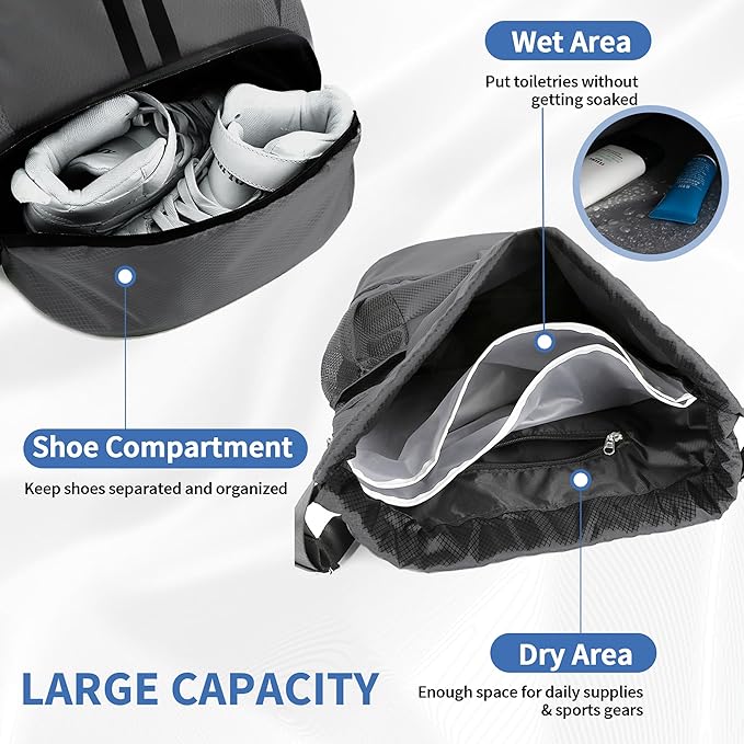 Drawstring Backpack Gym Bag with Shoes Compartment for Soccer, Basketball, Swim, Water-Resistant String Backpack Beach Cinch for Women Men, Dark Grey