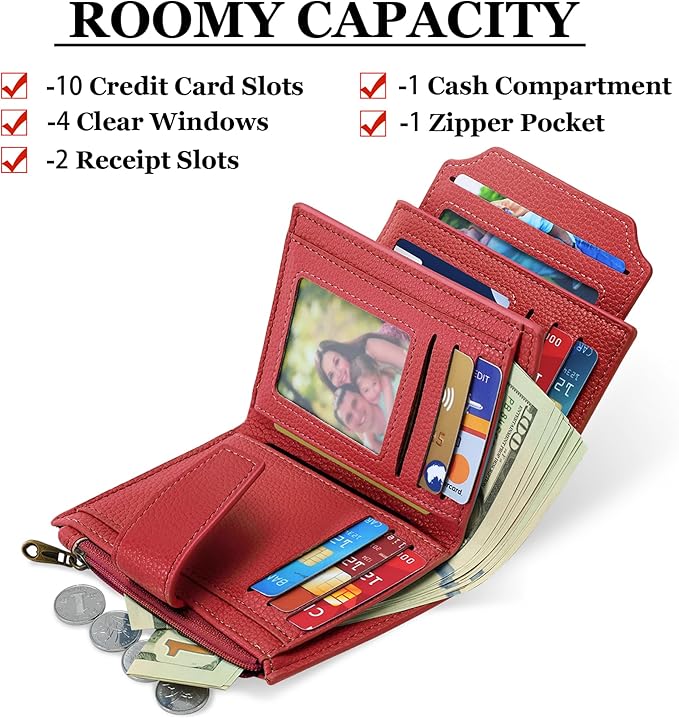 Airkit Small Wallet Women RFID Blocking Leather Bifold Compact Card Holder Wallet for Women with Zipper Coin Pocket 4 ID Window