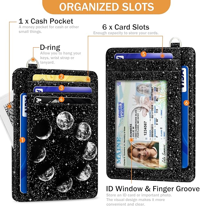 Yonlevres Credit Card Holder Slim Wallet, Moon Lunar Black RFID Wallet Women Front Pocket Small Card Holder, Travel Cute Funny Thin Card Case ID Window PU Leather RFID Blocking Card Organizer Gifts