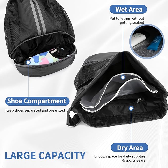 Drawstring Backpack Gym Bag with Shoes Compartment for Soccer, Basketball, Swim, Water-Resistant String Backpack Beach Cinch for Women Men