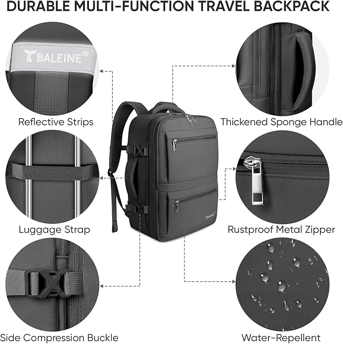 BALEINE Travel Backpack for Women Men, Large Sturdy Carry On Laptop Backpack Gifts for Business, Casual, Weekender, Hiking (Large, Black)