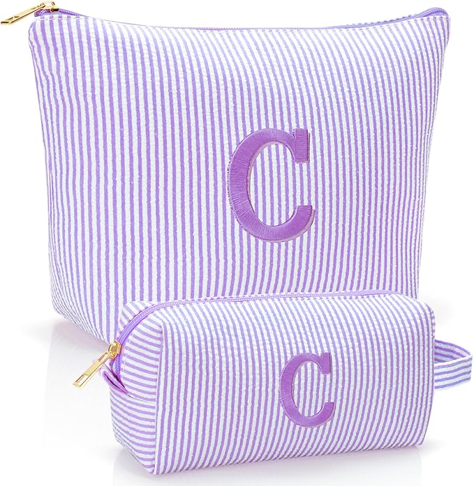 Personalized Initial Makeup Bag,Toiletry Travel Cosmetic Bag,Trendy Stuff for Teen Girls and Women,Holiday & Birthday Gift,2 Pack (C, Purple)