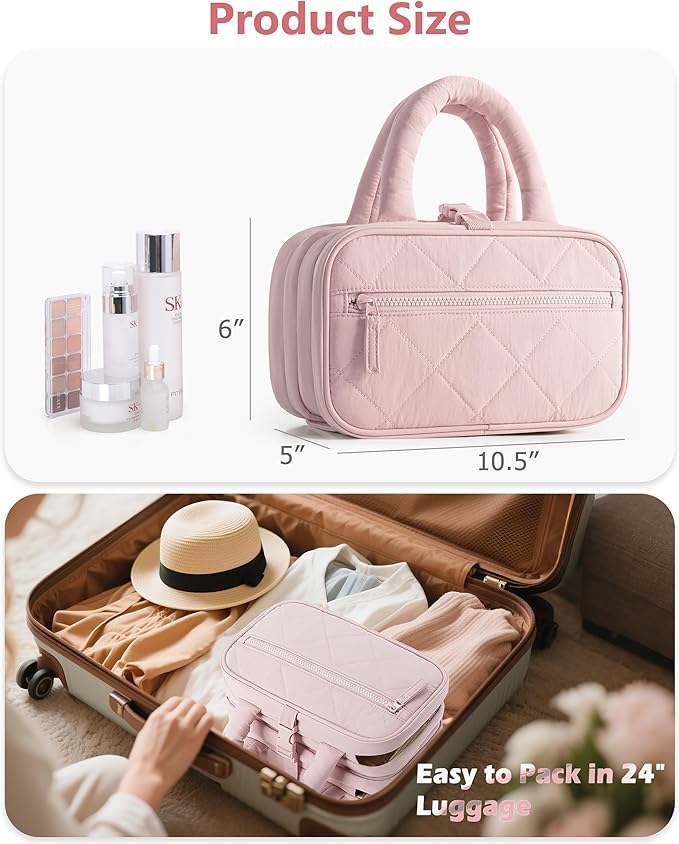 Travel Toiletry Bag for Women with Hanging Hook, Puffy Makeup Organizer with Brushes Slots for Bathroom, Shower and Beauty Essentials, Pink