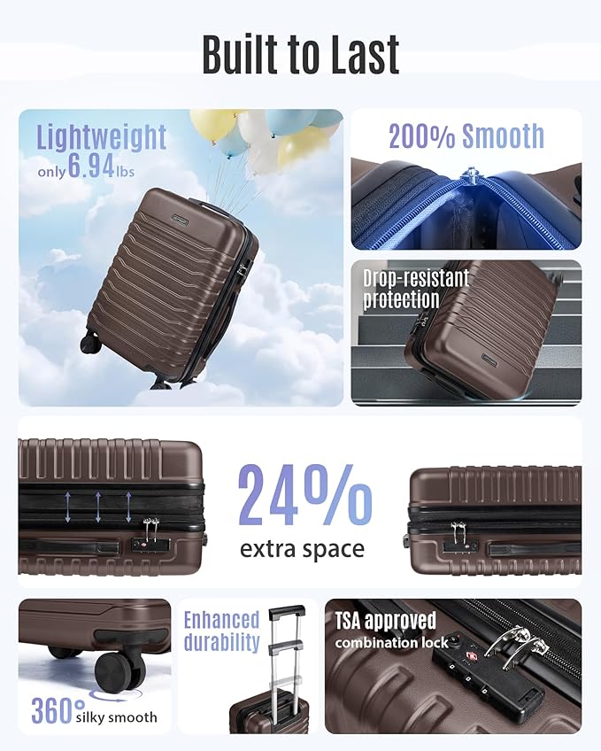 LIGHT FLIGHT Expandable Carry On Luggage 22x14x9 Airline Approved with Double Spinner Wheels, 20 Inch Lightweight Hard Shell Rolling Suitcases with TSA Lock, Brown