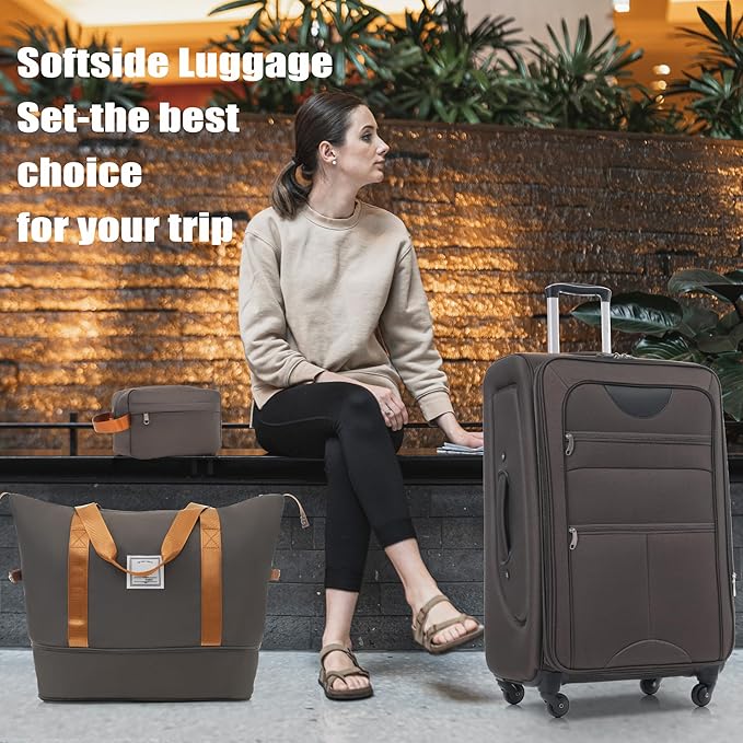 Brown 5 Piece Softside Luggage Sets, Expandable Lightweight Suitcase Sets Double Softshell Spinner Wheels Travel Luggage Set for Women and Men