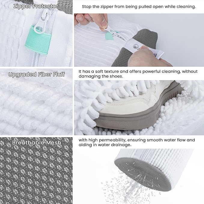 2Pcs Shoe Washing Machine Bag, Sneaker Laundry Bag for Washing Machine, Extra Long and Thick Microfibre Fluff, Reusable for Washer and Dryer (2pcs, White-gray)