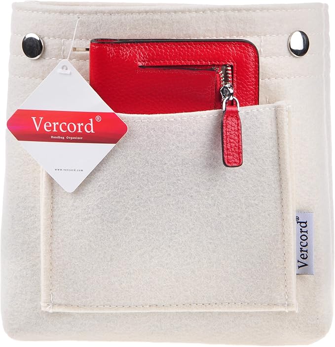 Vercord Mini Slim Small Felt Purse Organizer Insert Inside Handbag Tote Pocketbook for Women White