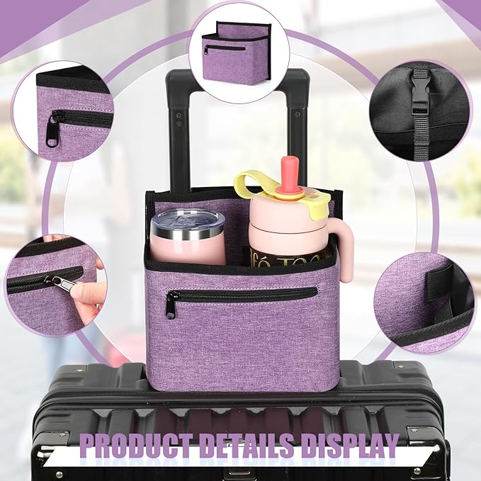 ZHCHG Luggage Travel Cup Holder Attachment for Suitcase Drink Carrier Caddy, Coffee Mug and Tumblers, Traveler Carry on Hands Free Accessory- Gifts for Flight Attendants Travelers Accessories (Purple)