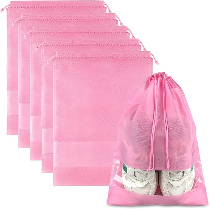 Pink Travel Shoe Bags - 5 Pcs Non-Woven Drawstring Packing Bags with Clear Window (15.7" x 11.8")