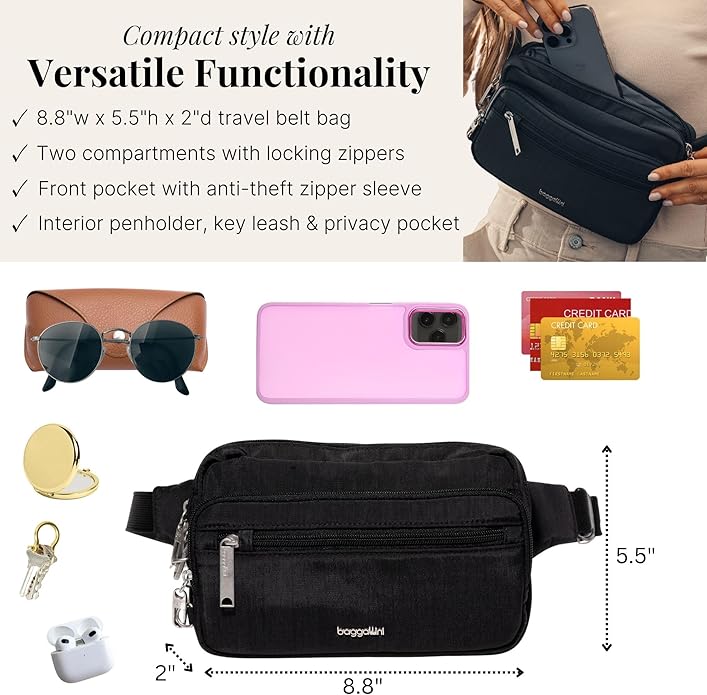 Baggallini Securtex Anti-theft Belt Bag 8.8"x5.5" Crossbody Fanny Pack for Women RFID Wallet Locking Zipper Travel Purse