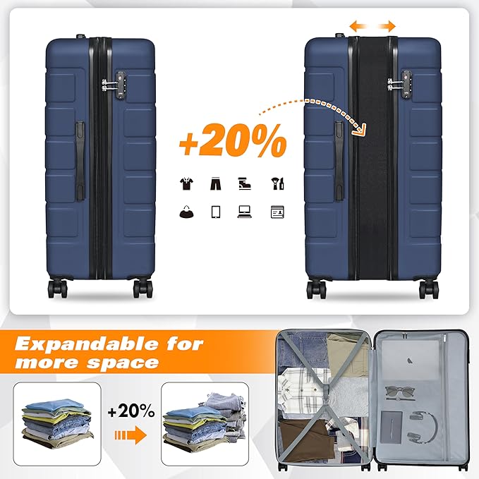 Explorer Luggage Set, Lightweight Hardside Suitcase, Expandable Carry-On Luggage with Travel Backpack & Cosmetic Makeup Bag, 5-Piece Set (20in/24in/28in), Navy Blue