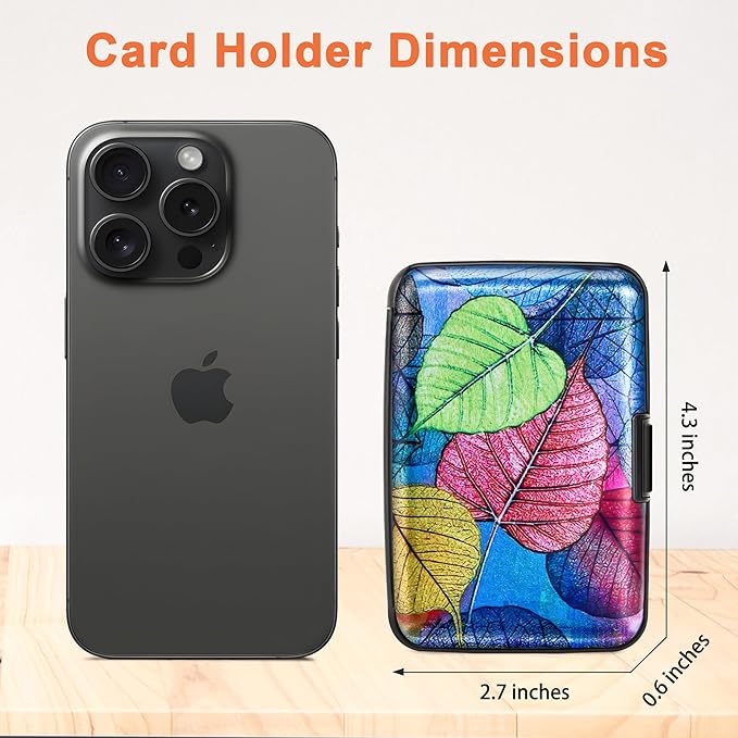Mayski Credit Card Holder, RFID Blocking, Aluminum Alloy Hard Case, Small Mini Business Metal Wallet for Women Men, Colorful Leaves