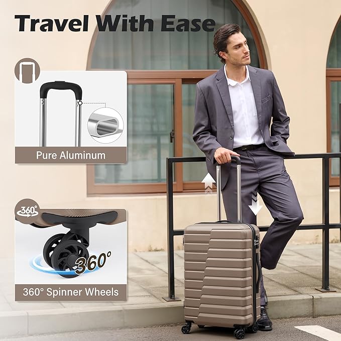 Coolife Medium Checked Luggage with Spinner Wheels, Hardside Suitcase TSA Lock Lightweight Travel Luggage 24-inch,Brown
