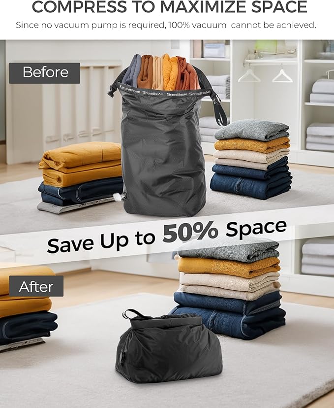 Travel Laundry Bag, Pump-Free Vacuum Compression Dirty Clothes Bag, Reusable Waterproof & Washable Laundry Bag, Wet and Dry Bag, Ideal for Suitcases, Road Trip Essentials (2 Pcs, L+L) Black