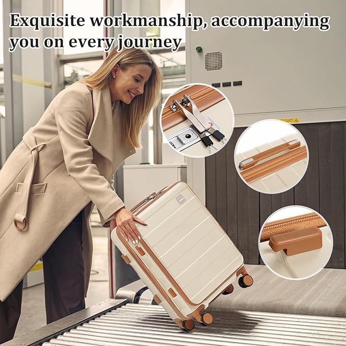 imiomo Carry on Luggage Airline Approved with Front Pocket and USB Port, Hard Shell 20 Inch Travel Carry-on Suitcase with Spinner Wheels and TSA Lock, White Brown