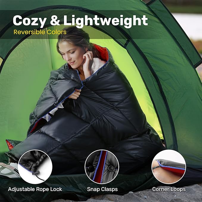 UNIKOME Waterproof Puffy Camping Blanket - Lightweight Packable Outdoor Quilt with Snaps & Corner Loops, Warm Compact Blanket for Cold Weather Hiking Picnic Stadium Travel, 75"×52", Black&Red