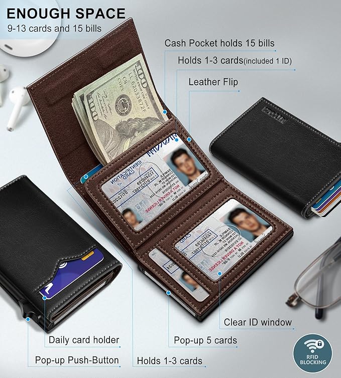 miyozi Wallet for Men,with Cash Pocket 2 ID Window 9-13 Cards,Metal Case Smart Slim Pop Up Credit Card Holder Flip with Magnetic Closure RFID Blocking Trifold wallet with Gift Box