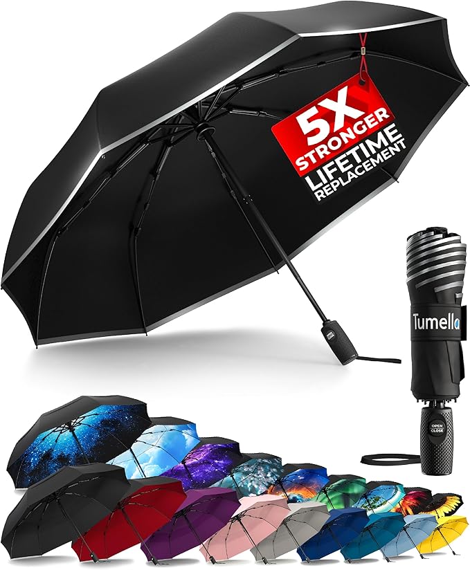 TUMELLA Strongest Windproof Travel Umbrella (Compact, Superior & Beautiful), Small, Wind-Tested, Light & Portable, Automatic Folding Rain Umbrella, Durable Premium Grip, Fits Car and Backpack