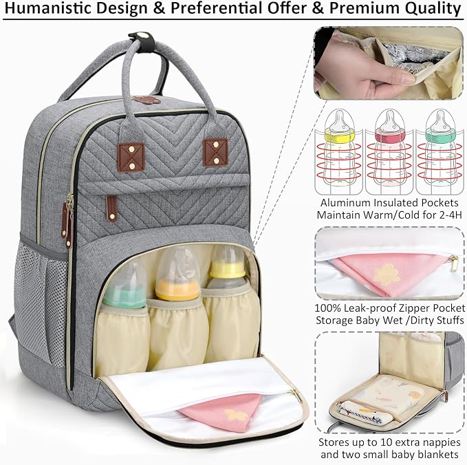 Tenot Diaper Bag Backpack for Women with Changing Pad, Baby Bag with Insulated Pockets Multifunctional Diaper Bags For Baby Girl Boy Waterproof Baby Bags For Boys Girls Maternity Bag Grey