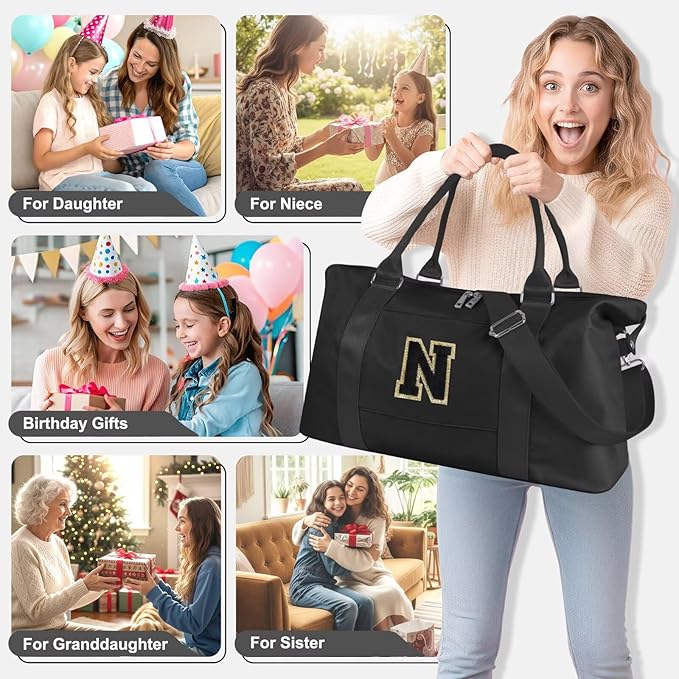 Dance Gym Duffel Bag for Teen Girls, Personalized Initial Travel Weekender Bag,Cute Overnight Carry On Duffle for Women,Sports Travel Cheer Bag,Monogram Christmas Gifts for Tween Preppy(black-N)