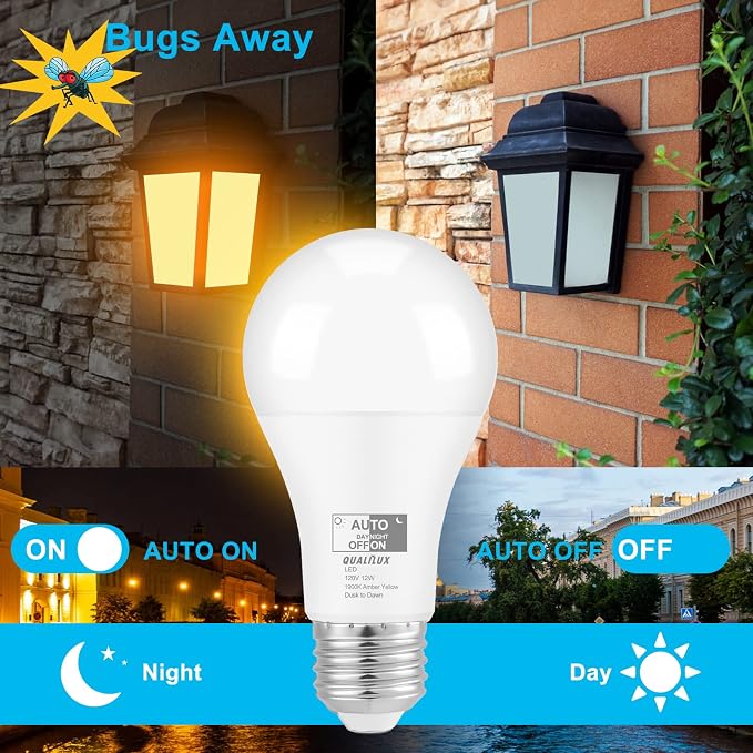 Qualilux Dusk to Dawn Light Bulbs, Auto On/Off Light Sensing LED Bulbs Outdoor, Amber Yellow Bug Light, A19 4-Pack, 12W 800LM 60W Equivalent, HQ-H020