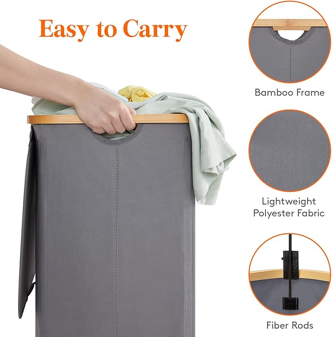 Lifewit 150L Laundry Basket with Lid, Clothes Hampers for Laundry with Bamboo Handles and 2 Removable Bags, Large Foldable Laundry Hamper for Bedroom, Bathroom, Dorm, Grey
