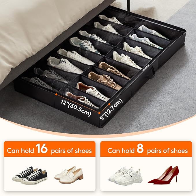 Lifewit Under Bed Shoe Storage Organizer 4 Pack(16 Pairs), 4.3" Tall Fabric Shoes Container Box, Foldable Closet Shoe Bag with 2 Reinforced Handles and Clear Cover, Black