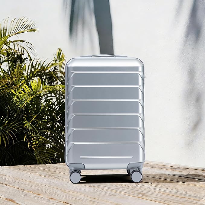 20 Inch Carry On Luggage, Lightweight ABS Hard Shell Suitcase with Spinner Wheels, Durable Travel Luggage with Combination Lock & Side Hooks for Men Women, Silver
