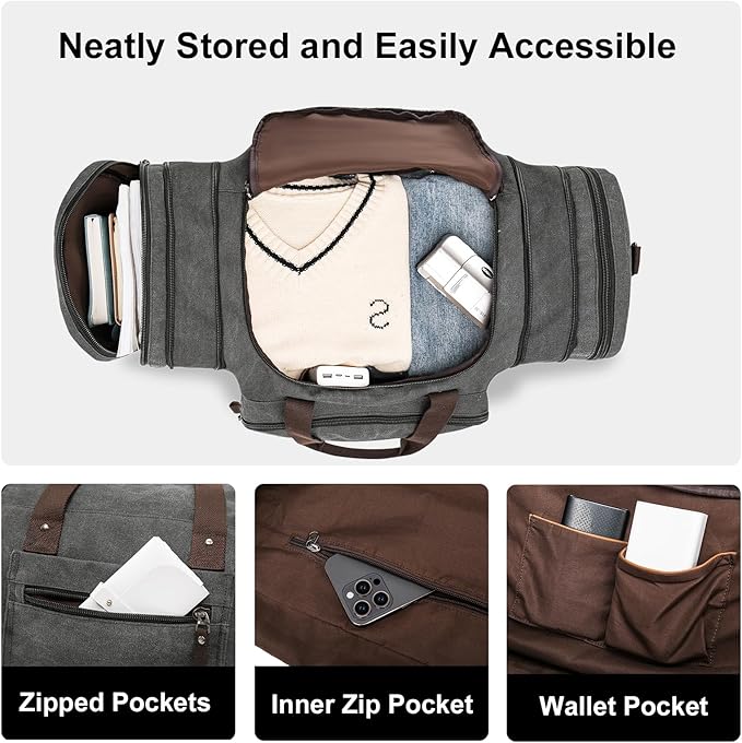 Canvas Expandable Duffle Bag for Men Traveling, Luggage Travel Bag Weekender Overnight Bag,Mens Gym Carry on Duffel Bags
