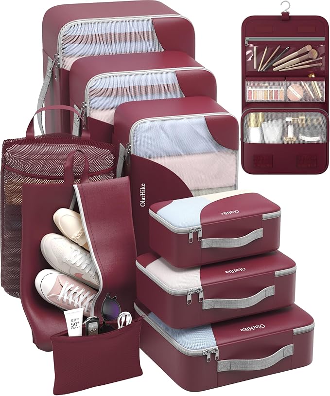 10 Set Packing Cubes for Travel, Gifts for Women Mom,Anti-Tearing Suitcase Organizer for Luggage with Shoe & Hanging Toiletry Bag,OlarHike Vacation Essentials & Accessories for Cruise Ship