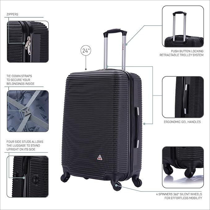InUSA ROYAL Hardside Spinner Luggage with Ergonomic Handles | Spacious Travel Suitcase with Four Spinner Wheels and Studs | 24 Inch Medium Hardside Spinner Luggage | Black