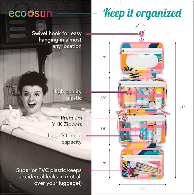 Eco Sun Hanging Travel Toiletry Bag — Designed in Hawaii — Water-resistant Travel Organizer for Bathroom Accessories (Tropical Vacay)