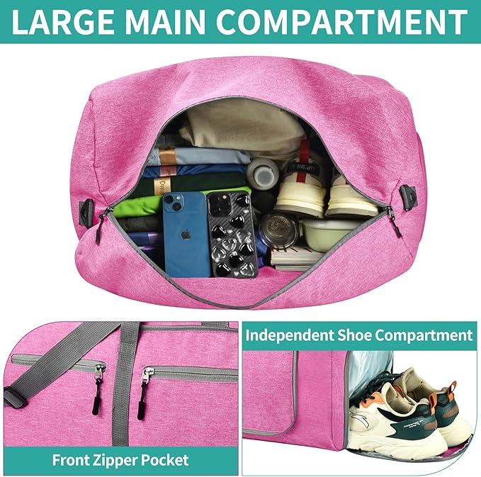 Dimayar 65L Travel Duffle Bag for Men Women - Foldable Duffel Bag with Shoes Compartment - Overnight Bags Waterproof & Tear Resistant(Rouge Pink)